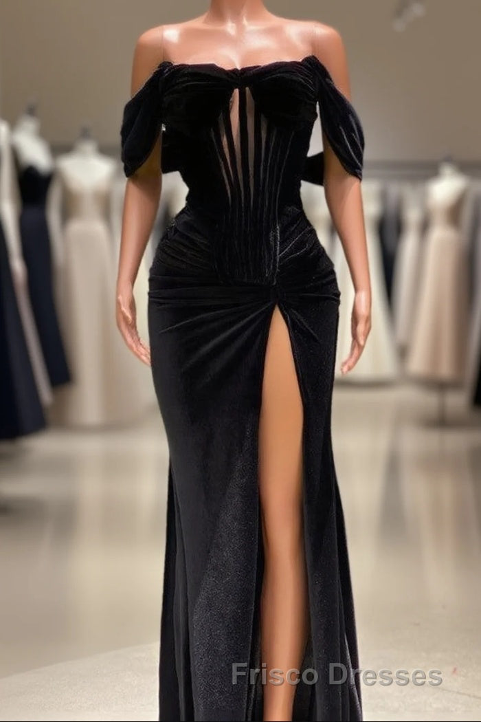 Charming Black Long Mermaid Off the Shoulder Velvet Formal Prom Dress with Slit