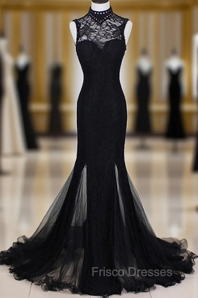 Charming Black Mermaid Backless Long Evening Dress, High Neckline Formal Prom Dress