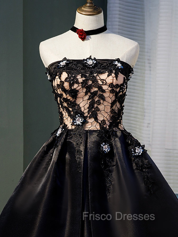 Charming Black Satin with Lace Applique Homecoming Dress, Knee Length Formal Prom Dress Secondary image