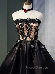 Charming Black Satin with Lace Applique Homecoming Dress, Knee Length Formal Prom Dress