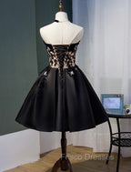 Charming Black Satin with Lace Applique Homecoming Dress, Knee Length Formal Prom Dress