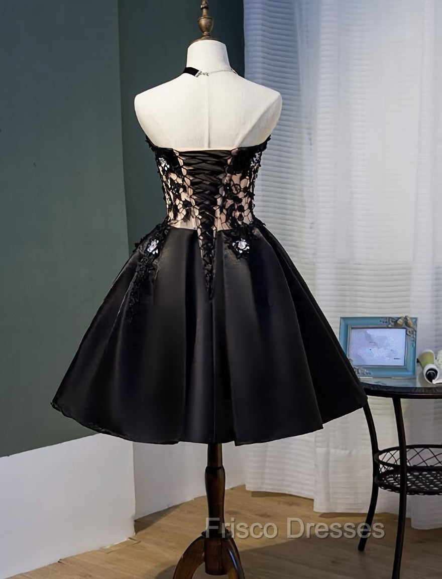 Charming Black Satin with Lace Applique Homecoming Dress, Knee Length Formal Prom Dress