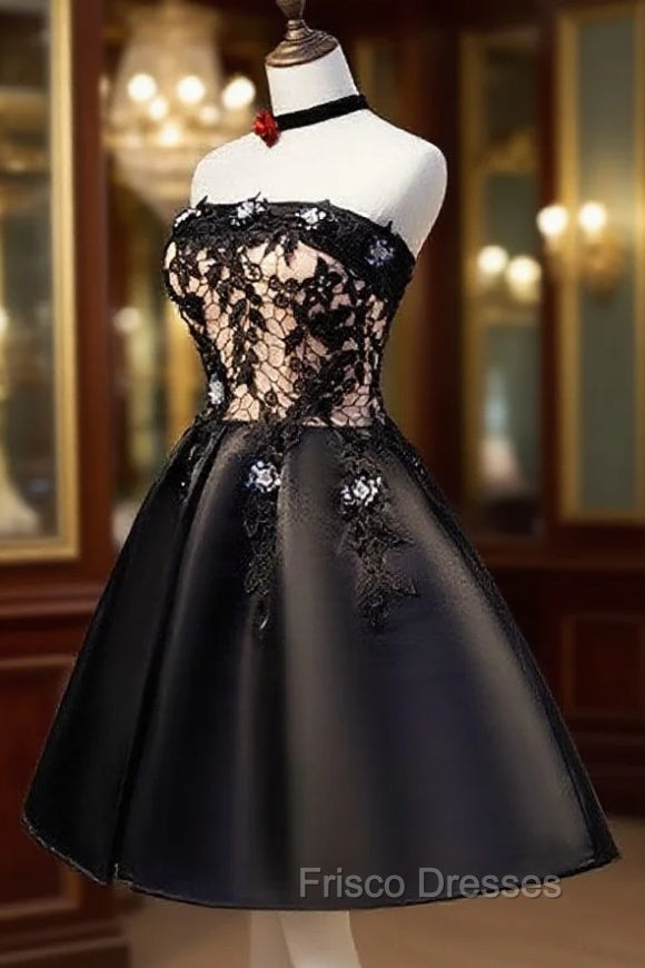 Charming Black Satin with Lace Applique Homecoming Dress, Knee Length Formal Prom Dress Main image