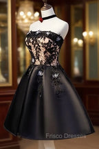 Charming Black Satin with Lace Applique Homecoming Dress, Knee Length Formal Prom Dress