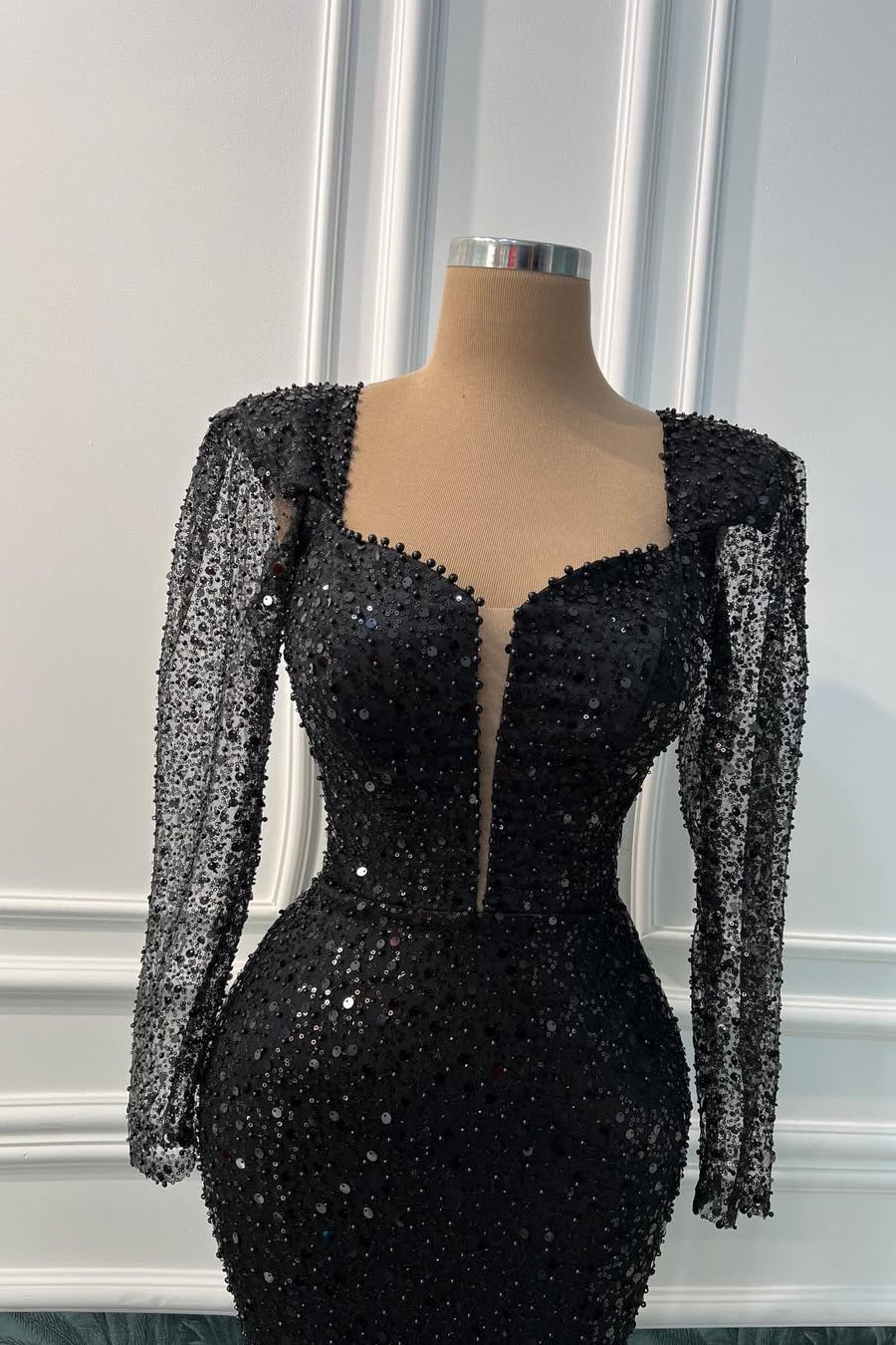 Charming Black Sweetheart Long Sleeves Sequins Prom Dresses Mermaid Online Secondary image
