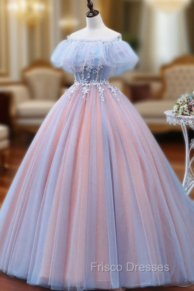 Charming Blue and Pink Tulle Off Shoulder Sweet 16 Dress with Lace, Ball Gown Formal Dress