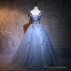 Charming Blue Ball Gown Lace Long Formal Dress, Blue Tulle Sweet 16 Dress With Flowers