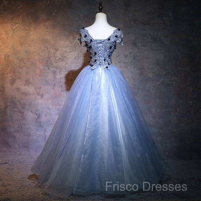Charming Blue Ball Gown Lace Long Formal Dress, Blue Tulle Sweet 16 Dress With Flowers