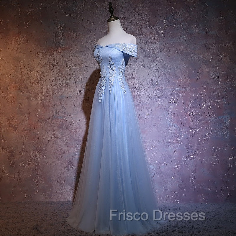 Charming Blue Elegant Tulle Party Dress with Lace Applique, Long Formal Prom Dress