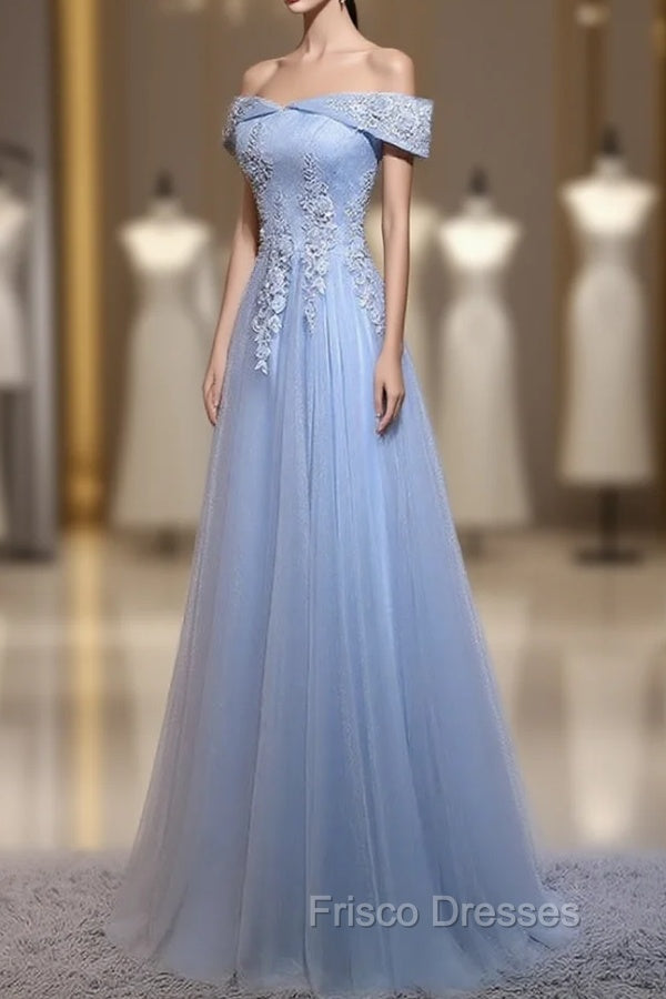 Charming Blue Elegant Tulle Party Dress with Lace Applique, Long Formal Prom Dress
