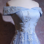Charming Blue Elegant Tulle Party Dress with Lace Applique, Long Formal Prom Dress