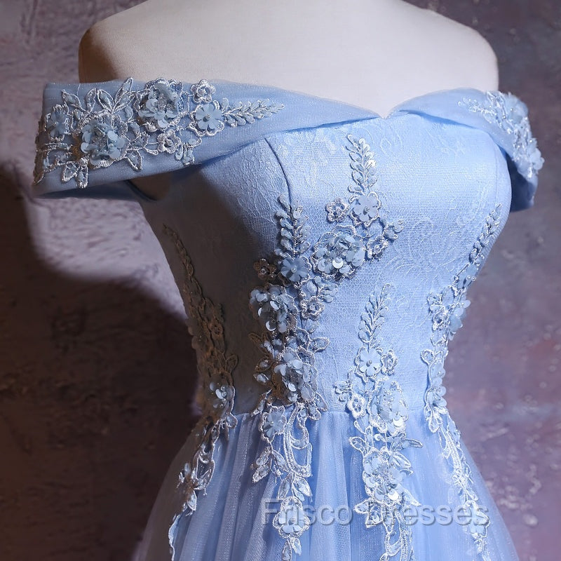 Charming Blue Elegant Tulle Party Dress with Lace Applique, Long Formal Prom Dress