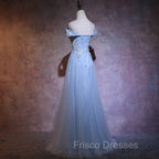 Charming Blue Elegant Tulle Party Dress with Lace Applique, Long Formal Prom Dress