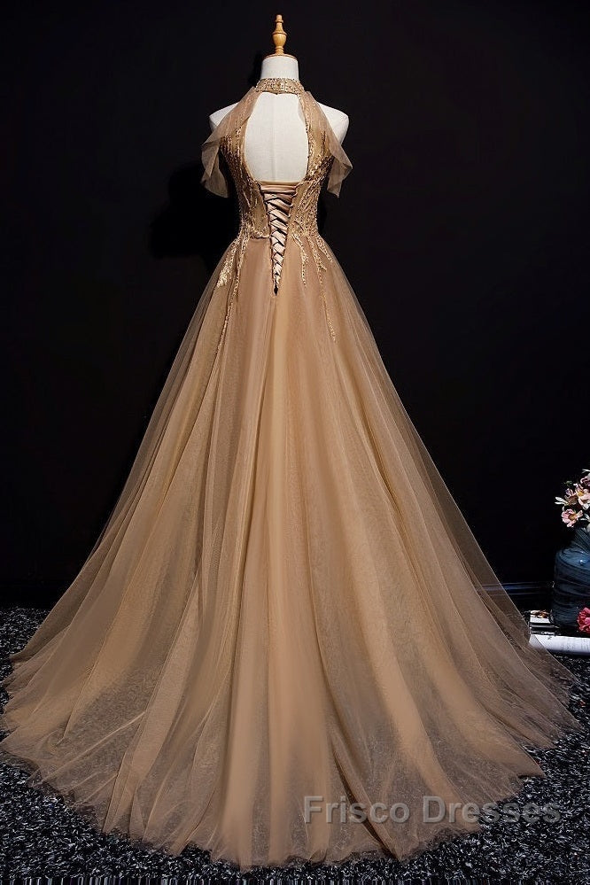 Charming Champagne Tulle Halter Long Party Gown, Formal Prom Dress Secondary image