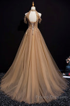 Charming Champagne Tulle Halter Long Party Gown, Formal Prom Dress
