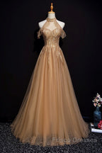 Charming Champagne Tulle Halter Long Party Gown, Formal Prom Dress