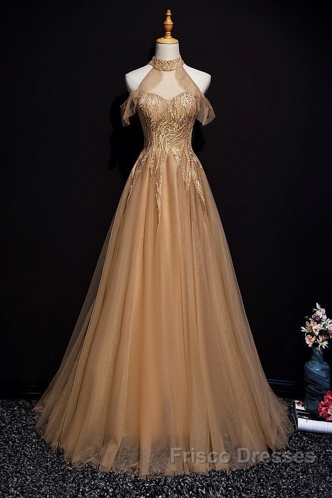 Charming Champagne Tulle Halter Long Party Gown, Formal Prom Dress