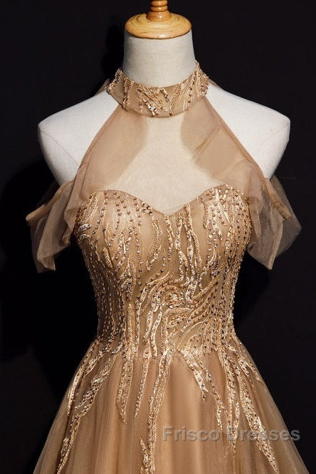 Charming Champagne Tulle Halter Long Party Gown, Formal Prom Dress