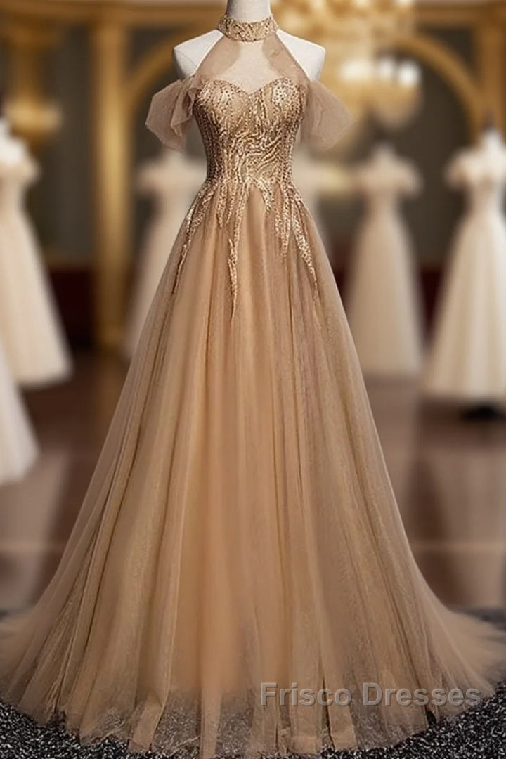 Charming Champagne Tulle Halter Long Party Gown, Formal Prom Dress Main image