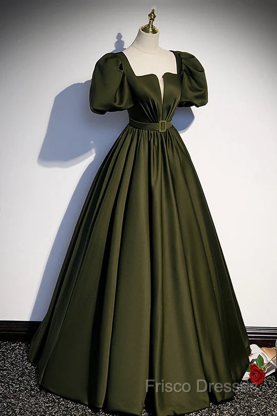 Charming Dark Green Puffy Sleeves Long Formal Gown, Satin Floor Length Formal Prom Dress