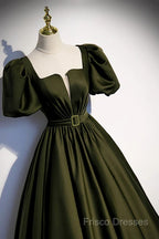 Charming Dark Green Puffy Sleeves Long Formal Gown, Satin Floor Length Formal Prom Dress