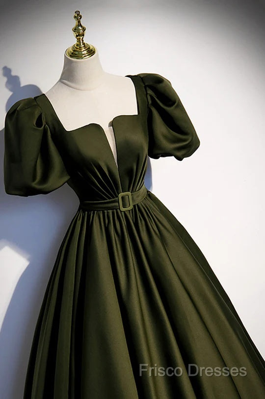Charming Dark Green Puffy Sleeves Long Formal Gown, Satin Floor Length Formal Prom Dress