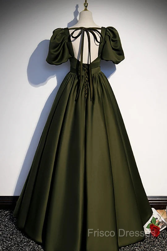 Charming Dark Green Puffy Sleeves Long Formal Gown, Satin Floor Length Formal Prom Dress