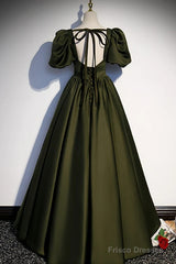 Charming Dark Green Puffy Sleeves Long Evening Gown, Satin Floor Length Prom Dress