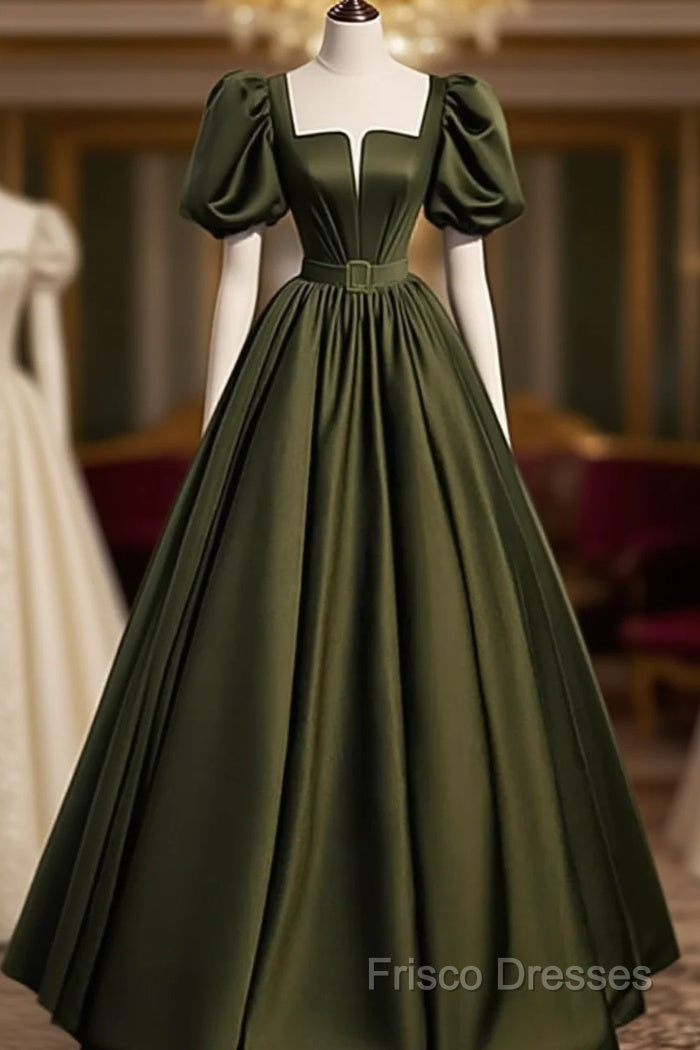Charming Dark Green Puffy Sleeves Long Formal Gown, Satin Floor Length