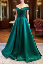 Charming Dark Green Satin Long Junior Formal Prom Dress, Off Shoulder Evening Gown