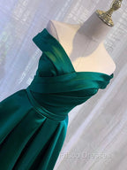Charming Dark Green Satin Long Junior Formal Prom Dress, Off Shoulder Evening Gown