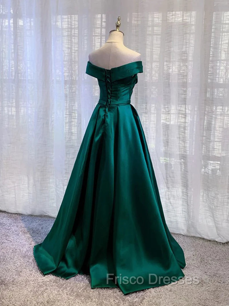 Charming Dark Green Satin Long Junior Formal Prom Dress, Off Shoulder Evening Gown