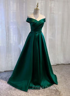 Charming Dark Green Satin Long Junior Formal Prom Dress, Off Shoulder Evening Gown