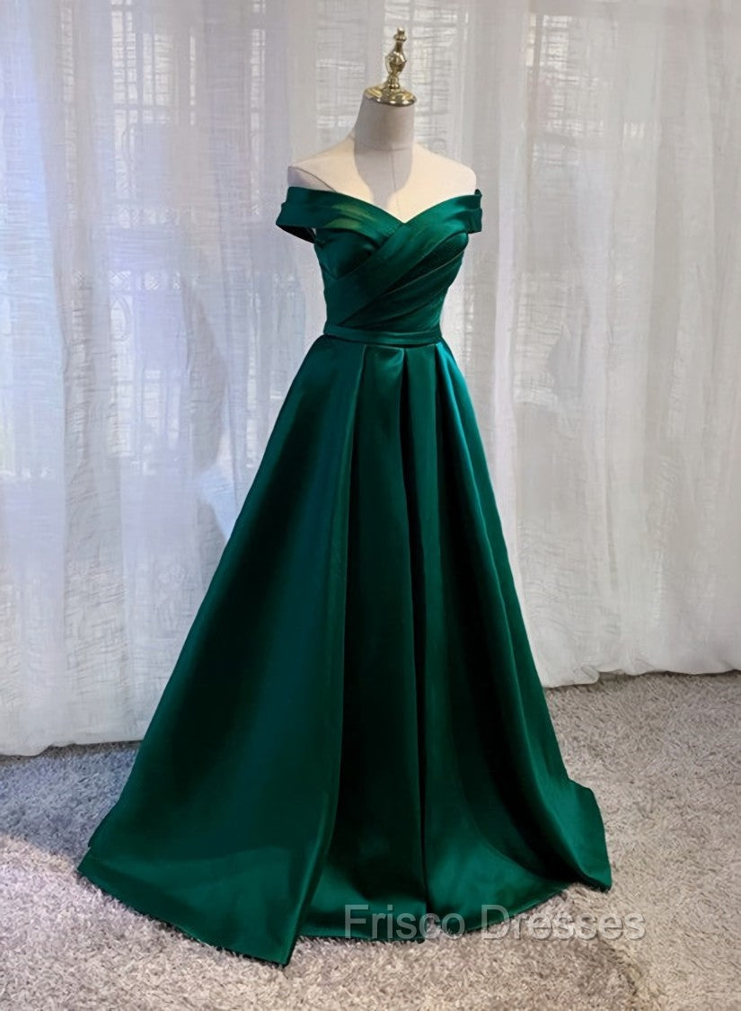 Charming Dark Green Satin Long Junior Formal Prom Dress, Off Shoulder Evening Gown