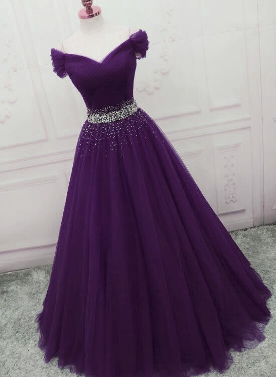 Charming Dark Purple Tulle Long Off The Shoulder Party Dress, Long Prom Dress Main image