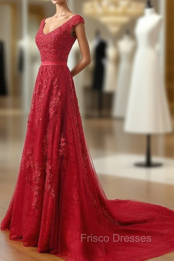 Charming Dark Red Lace A-line Long Formal Prom Dress, Red Evening Gown