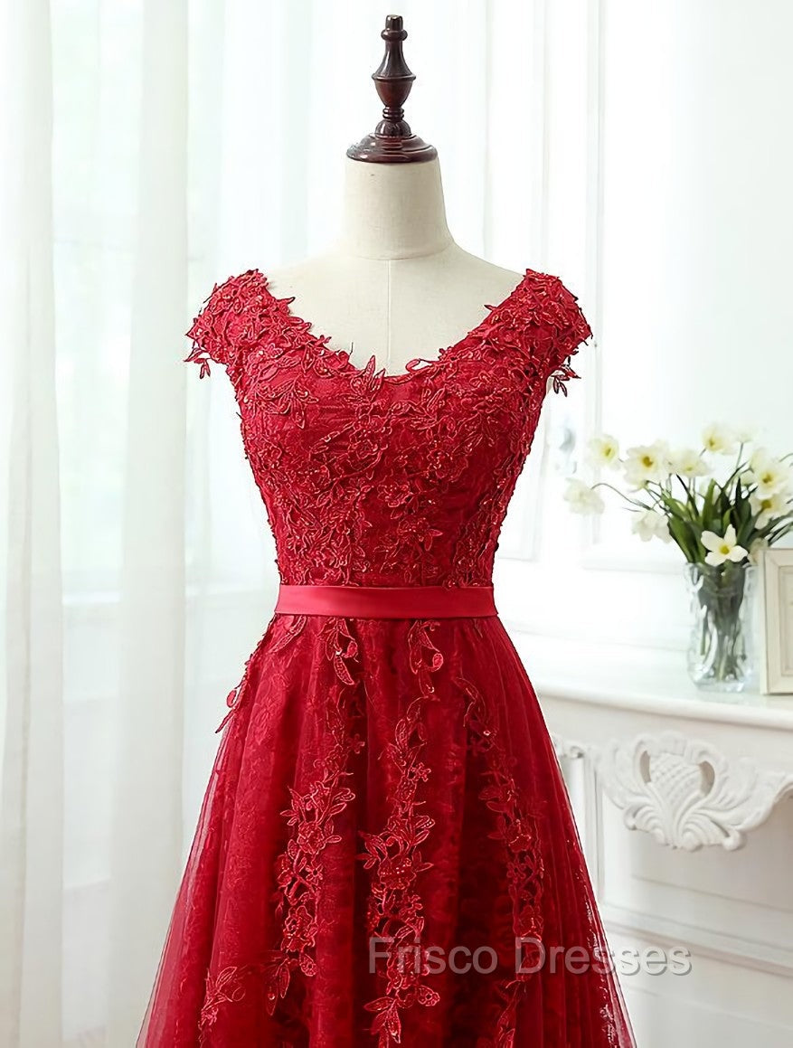 Charming Dark Red Lace A-line Long Formal Prom Dress, Red Evening Gown