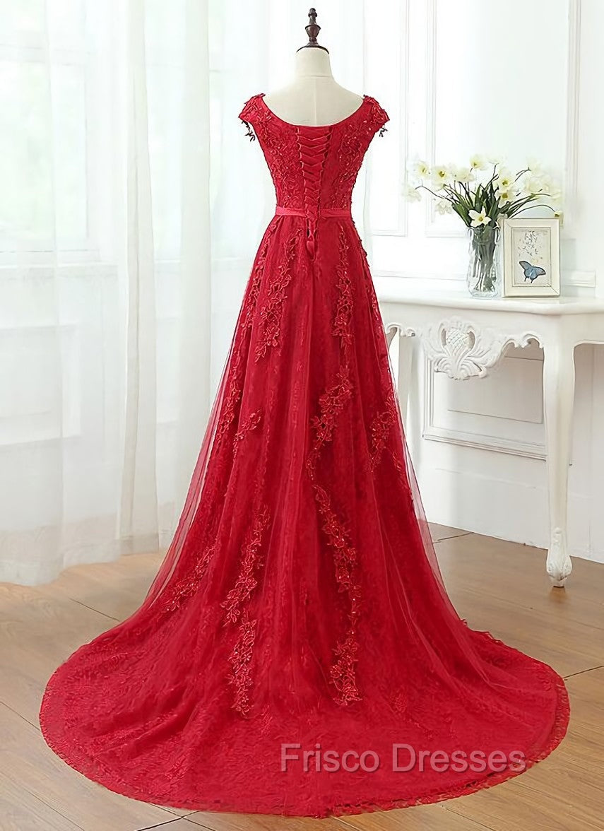 Charming Dark Red Lace A-line Long Formal Prom Dress, Red Evening Gown