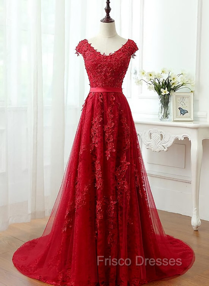 Charming Dark Red Lace A-line Long Formal Prom Dress, Red Evening Gown Main image