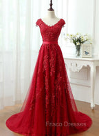 Charming Dark Red Lace A-line Long Formal Prom Dress, Red Evening Gown