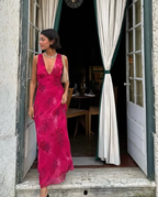 Charming Deep V Neck Satin Print Floral Long Evening Gown Prom Dress