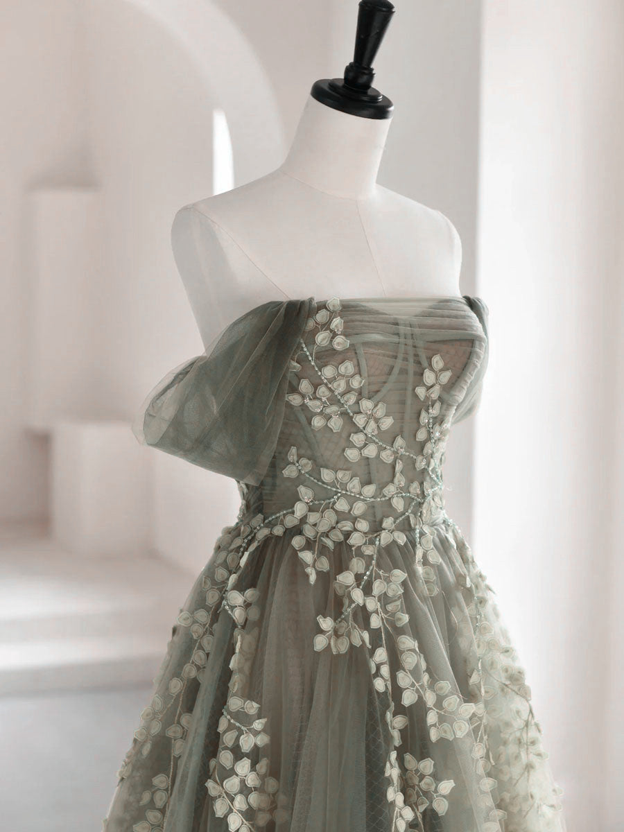 Charming Green Tulle Off Shoulder Party Dress, Green Long A-Line Formal Dress Secondary image