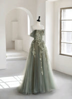 Charming Green Tulle Off Shoulder Party Dress, Green Long A-Line Formal Dress