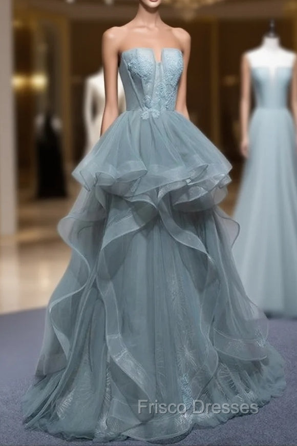 Charming Green Tulle Straps Layers Long Formal Dress, Tulle Party Dress Formal Prom Dress