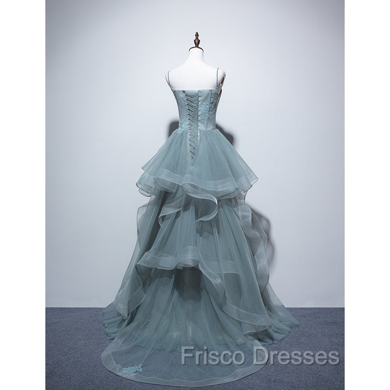 Charming Green Tulle Straps Layers Long Formal Dress, Tulle Party Dress Formal Prom Dress