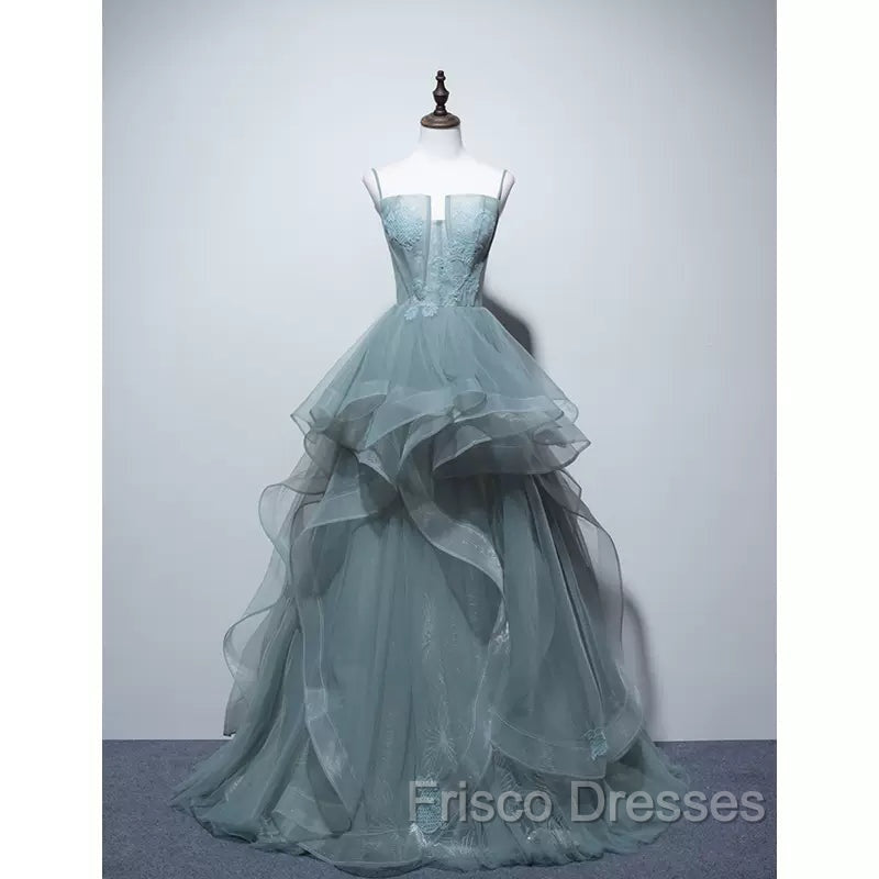 Charming Green Tulle Straps Layers Long Formal Dress, Tulle Party Dress Formal Prom Dress