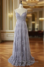 Charming Grey Lace Evening Party Dress , High Quality Formal Gown