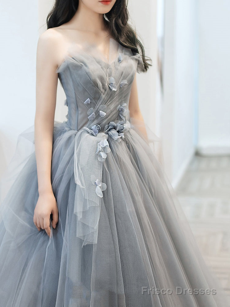 Charming Grey Tulle Long Sweet 16 Gown With Flowers, Grey Formal Dress Party Dress Secondary image
