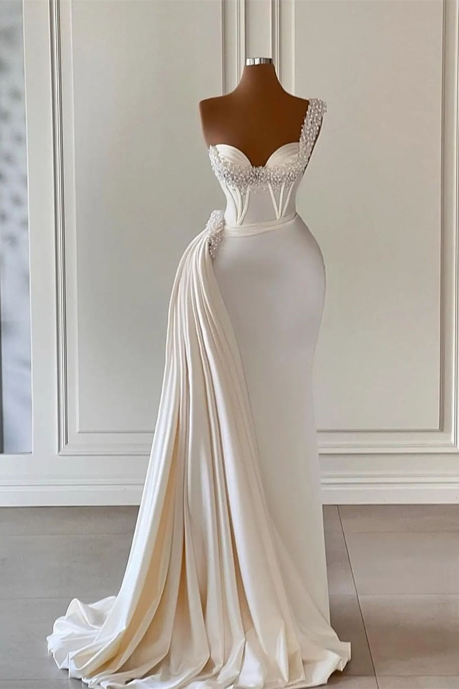 Charming Ivory One Shoulder Sleeveless Sweetheart A-Line Bridal Dress With Beads
