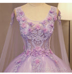 Charming Lavender Tulle Flowers Long Formal Prom Dress, Sweet 16 Gowns